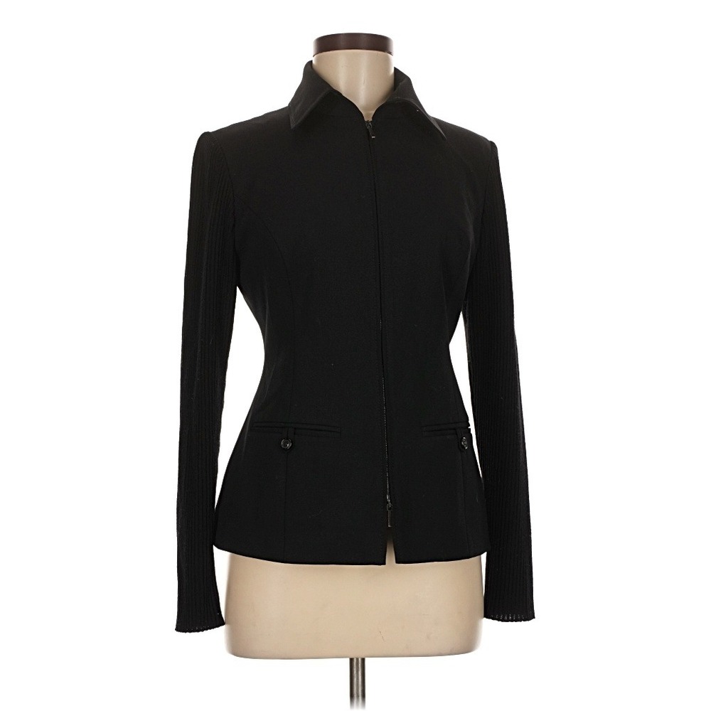 Piazza Sempione Black Wool Blend Zip Front Jacket Ribbed Sleeves Italy 42 US 6